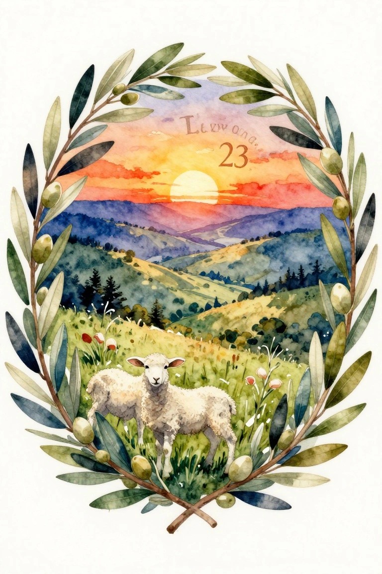 Olive wreath frames a lamb in rolling hills under a vibrant sunset with Livorno 23 text.