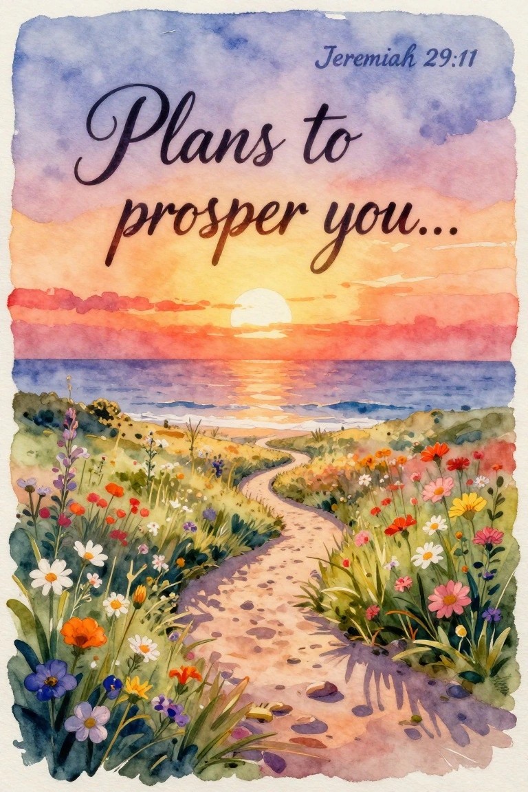 Watercolor sunset over ocean with wildflower path and Bible verse text