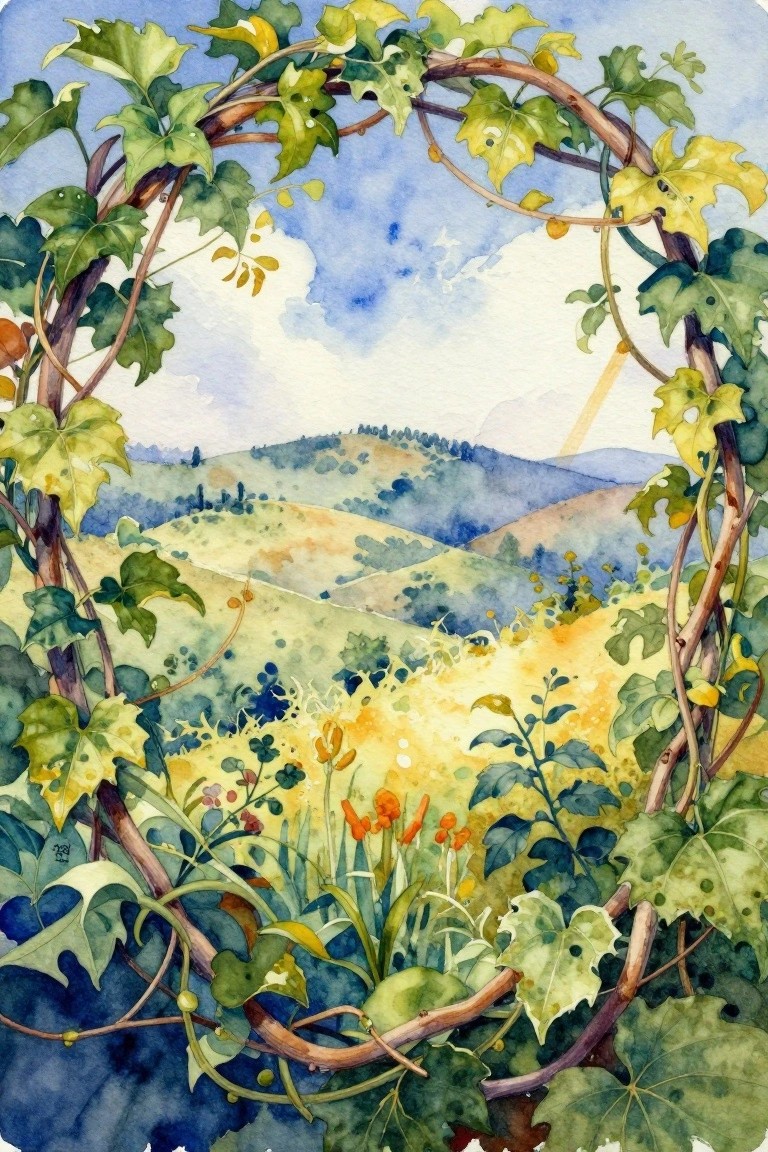 Watercolor landscape of rolling hills framed by leafy vines under blue sky