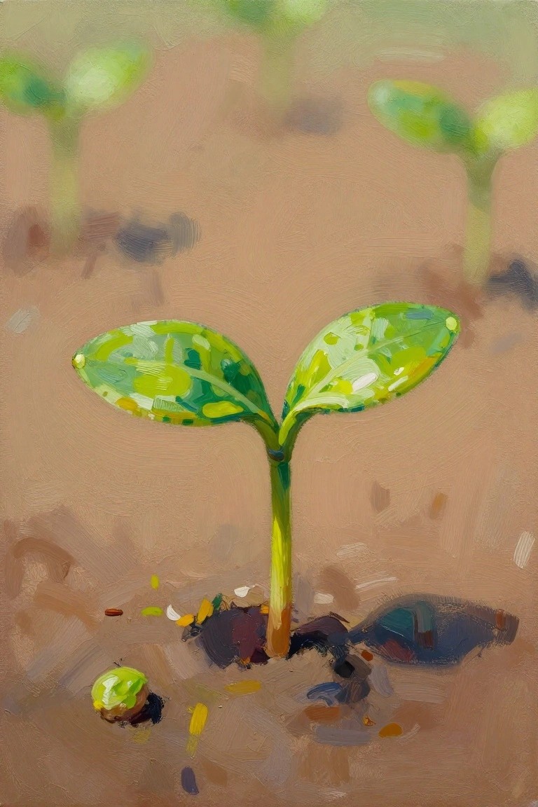 Green seedling with two leaves sprouting from brown soil in soft brushstrokes