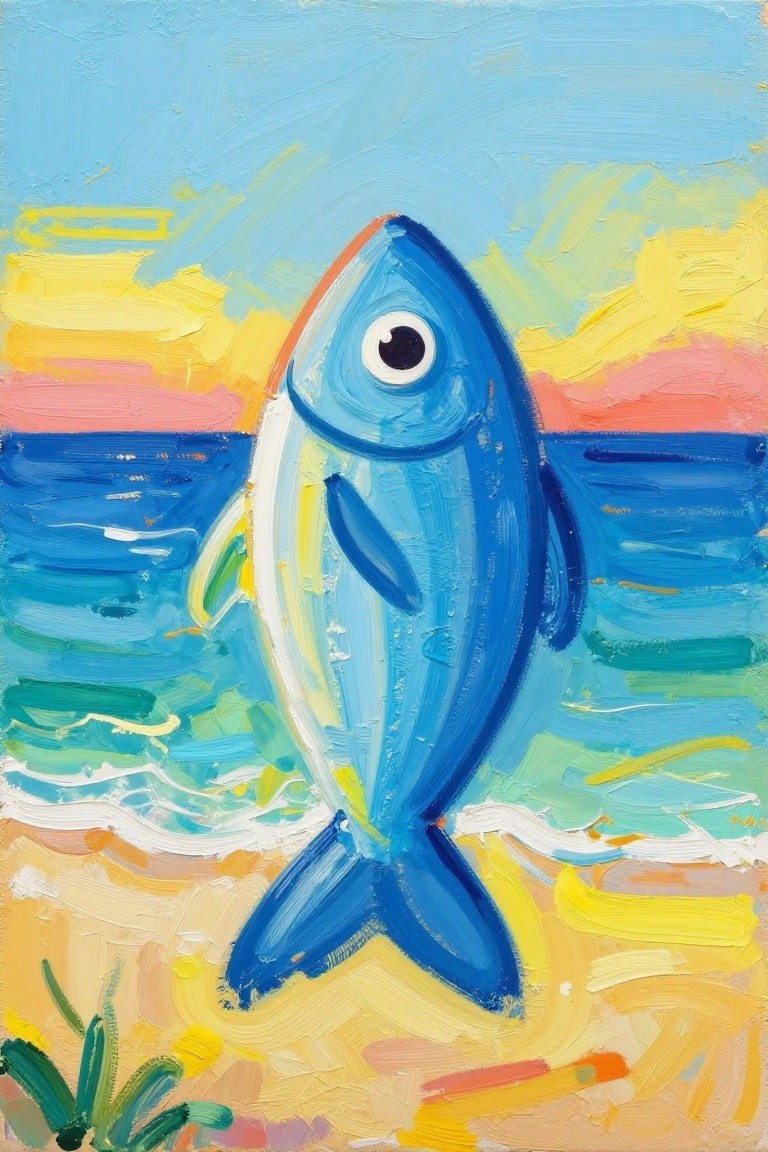 Vibrant blue fish upright on sandy beach with ocean waves and colorful sunset sky.