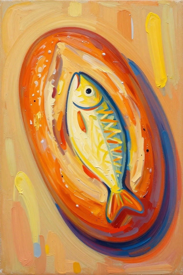 Vibrant abstract painting of a yellow-blue fish amid swirling orange-red brushstrokes.