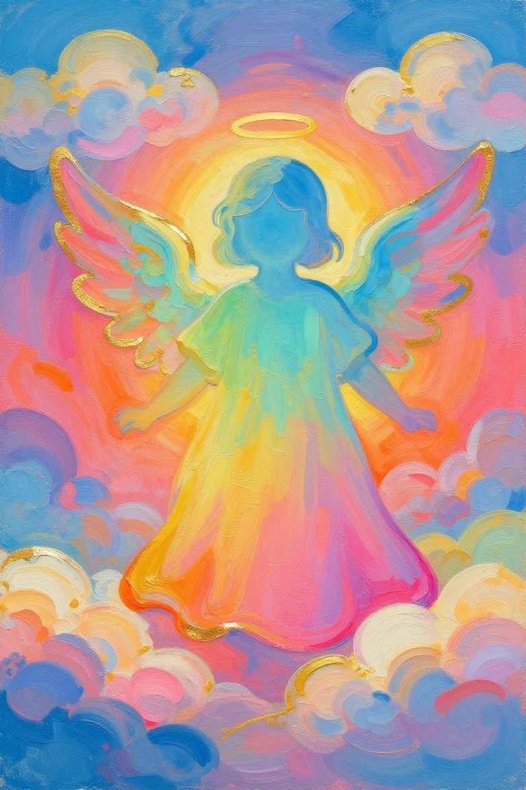 A colorful painting of a blue angel silhouette with rainbow gradient robes and gold-accented wings standing among clouds under a bright orange-pink sky.