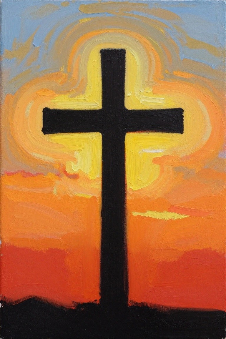 Bold black cross against vibrant orange yellow sunset sky with swirling brushstrokes.