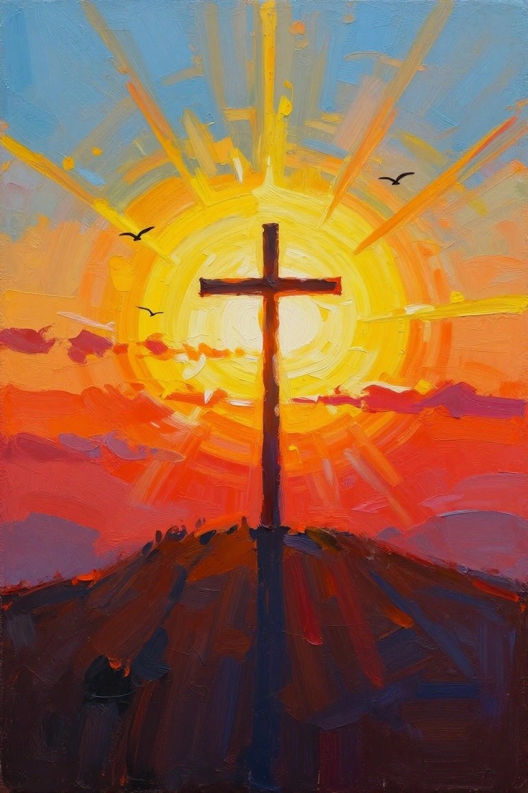 Cross silhouetted against radiant sunset with golden rays, red clouds, and birds