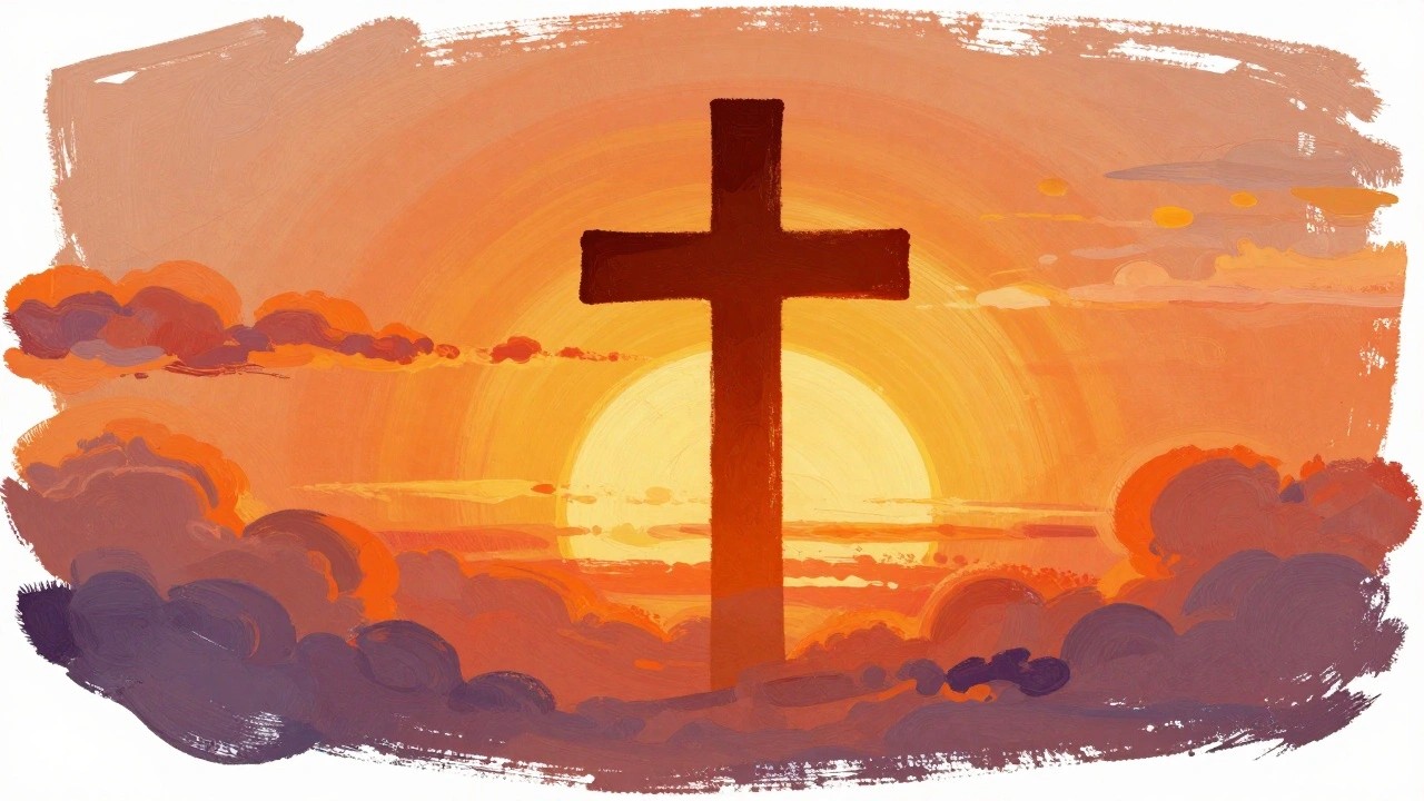 Bold black cross against vibrant orange yellow sunset sky with swirling brushstrokes.