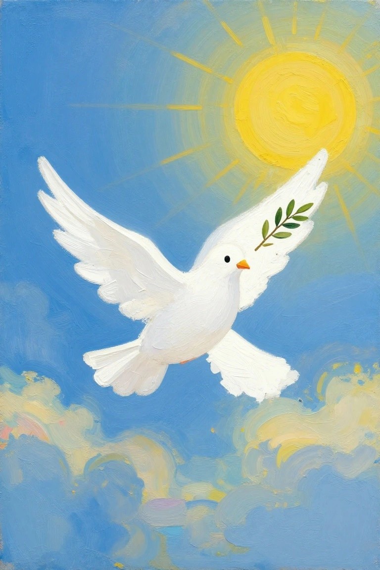 White dove with olive branch flying in blue sky under yellow sun