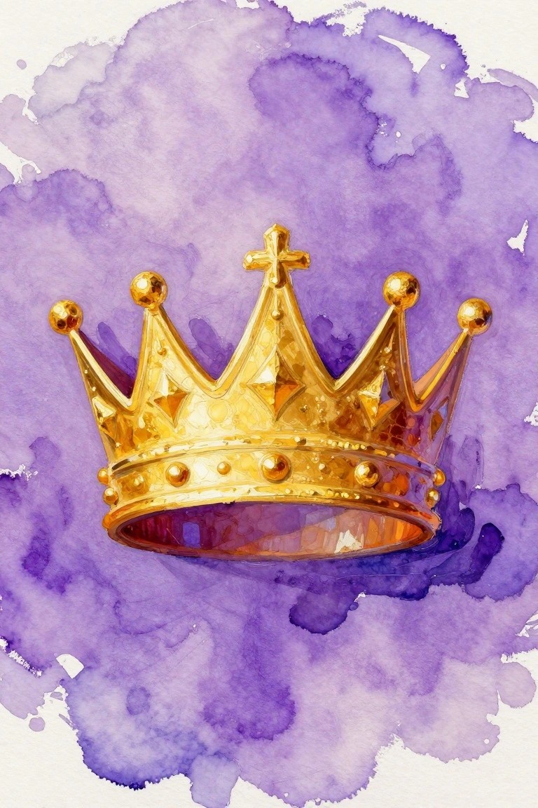 Golden crown with jewels and cross on purple watercolor background