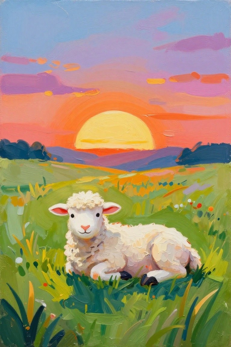 White lamb resting in green grass under vibrant orange-pink sunset sky with hills