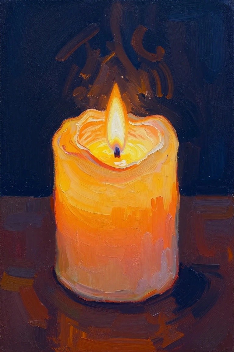 Bold brushstrokes depict a glowing yellow-orange candle with flickering flame in darkness.