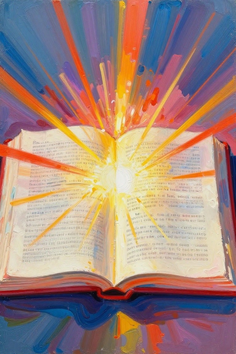 Open book radiating vibrant colorful light rays in expressive brushstrokes.