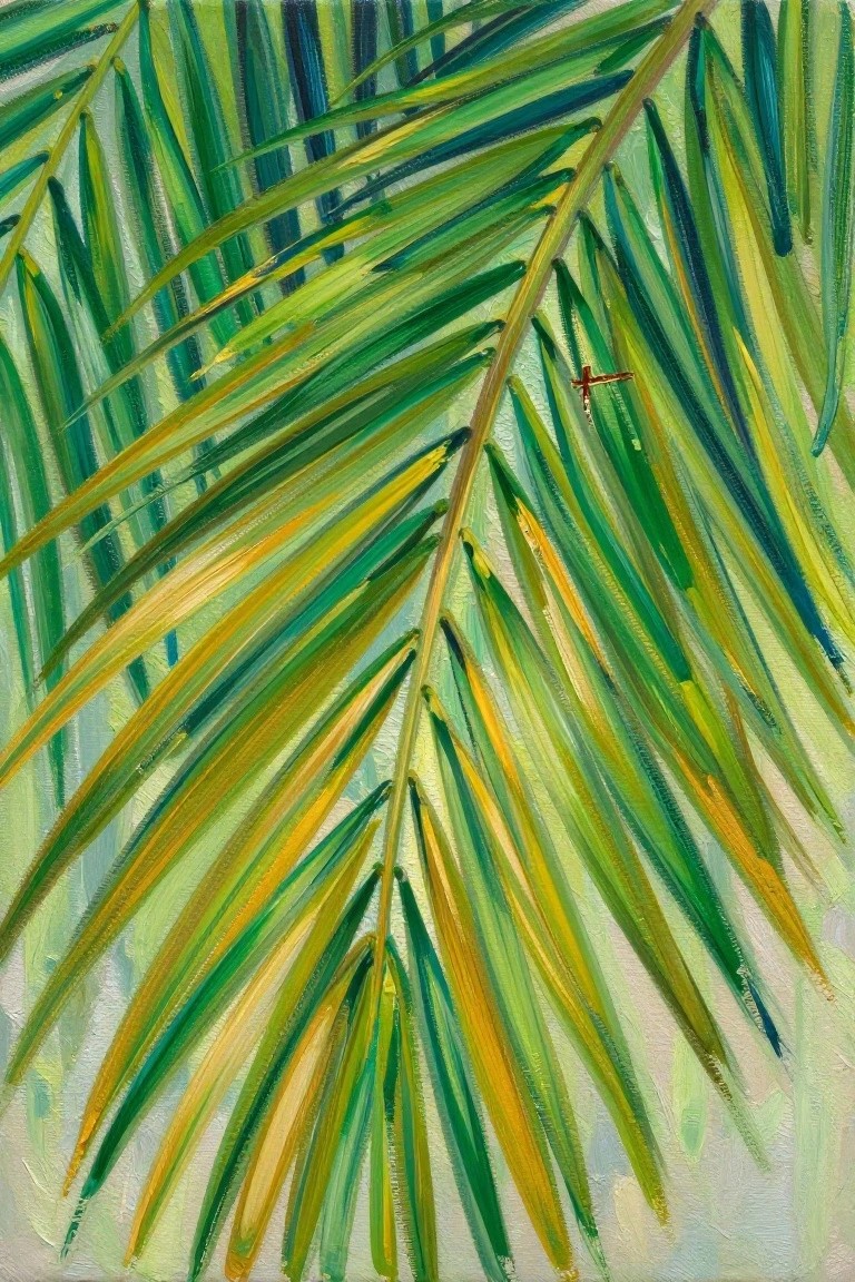 Painting of lush palm fronds in vibrant greens and yellows with red cross