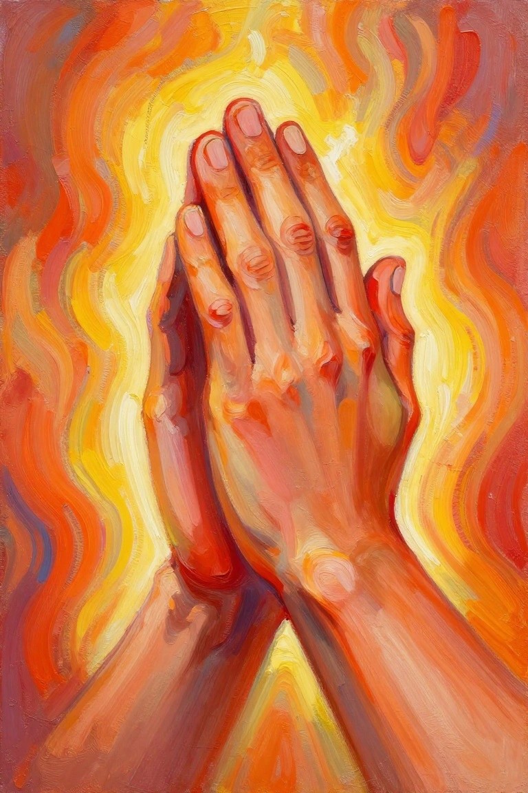 Clasped hands glowing amid swirling orange, yellow, and red flames in oil painting style