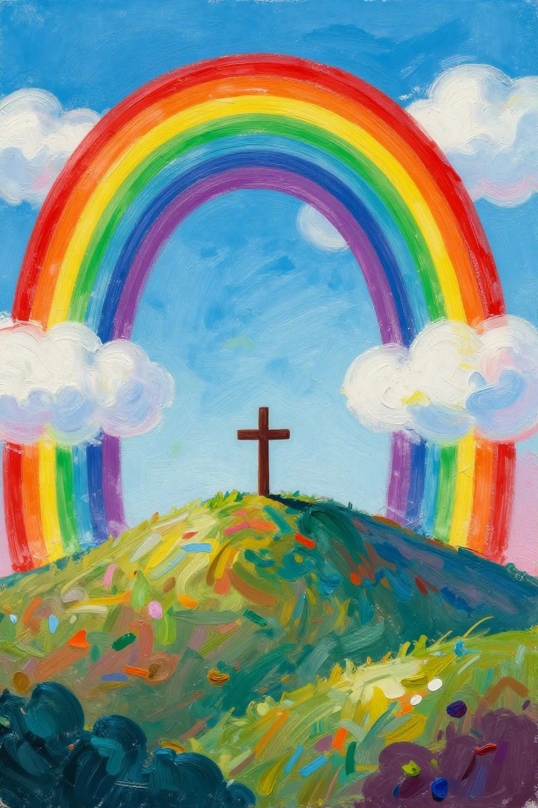 Vibrant rainbow arches over brown cross on colorful green hill under blue sky.
