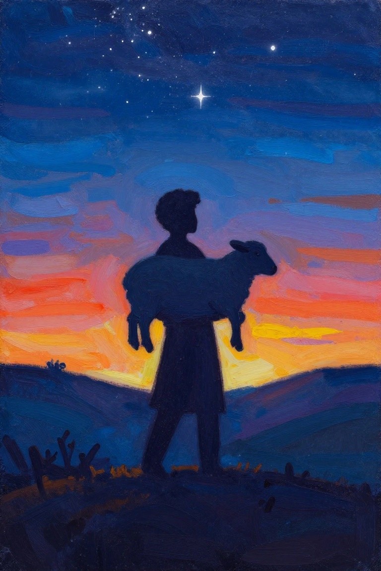 Silhouetted figure carrying lamb against vibrant orange-blue starry sunset sky