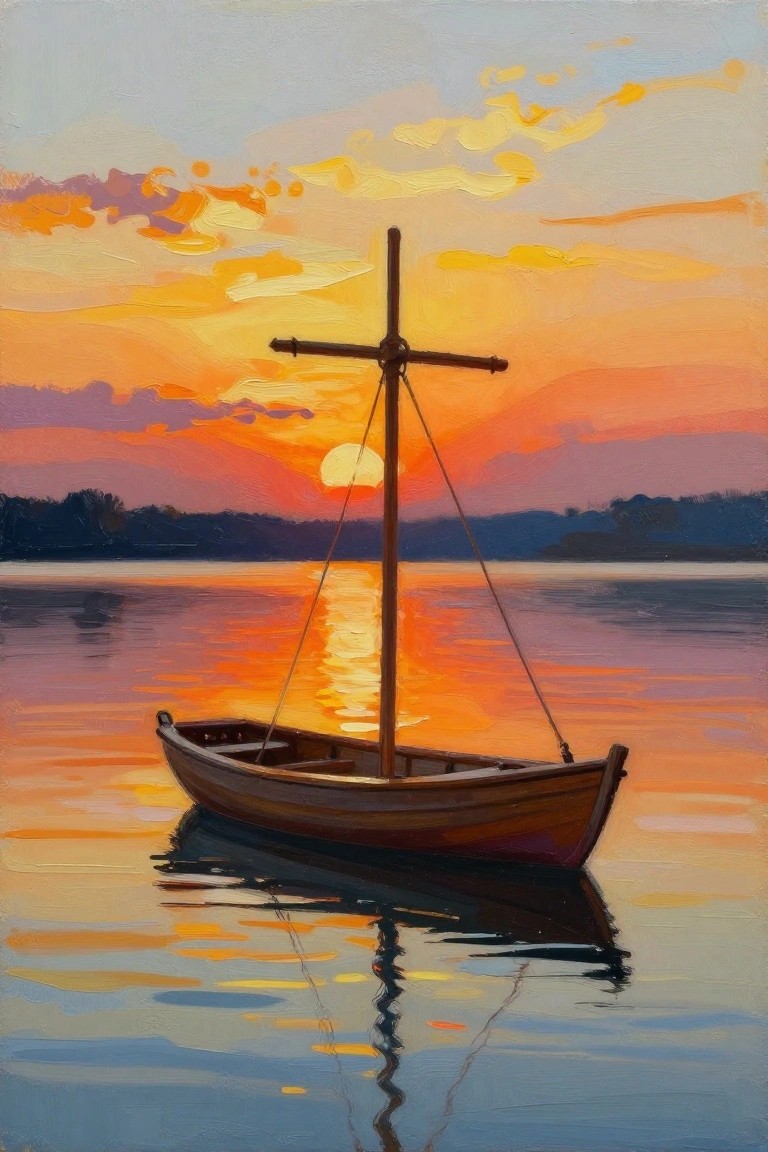 Wooden boat with cross mast on calm water reflecting vibrant orange sunset sky