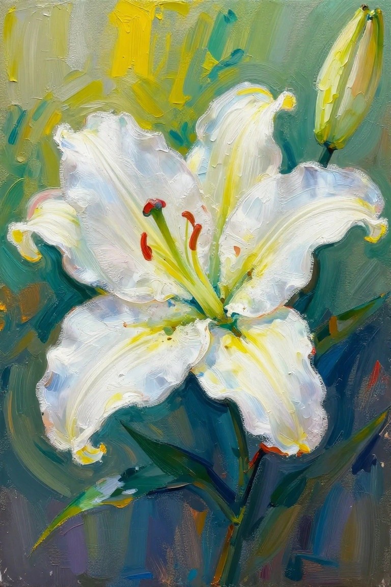 Vivid impasto painting of white lilies with red stamens and green leaves