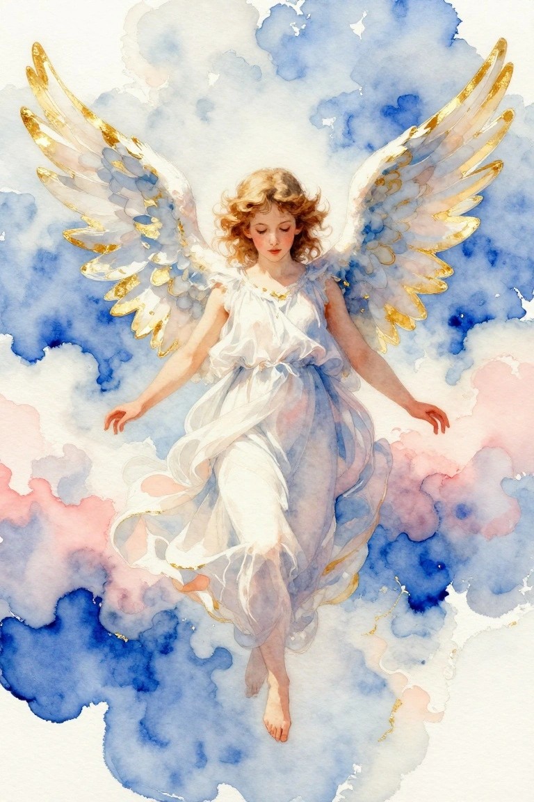 Watercolor angel with curly hair, gilded wings, and flowing white dress in pastel clouds