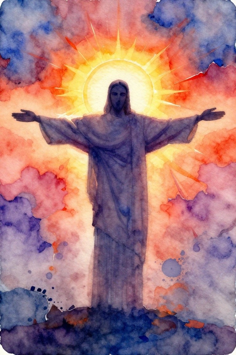 Watercolor Jesus in flowing robes, arms outstretched before radiant sun amid vibrant clouds