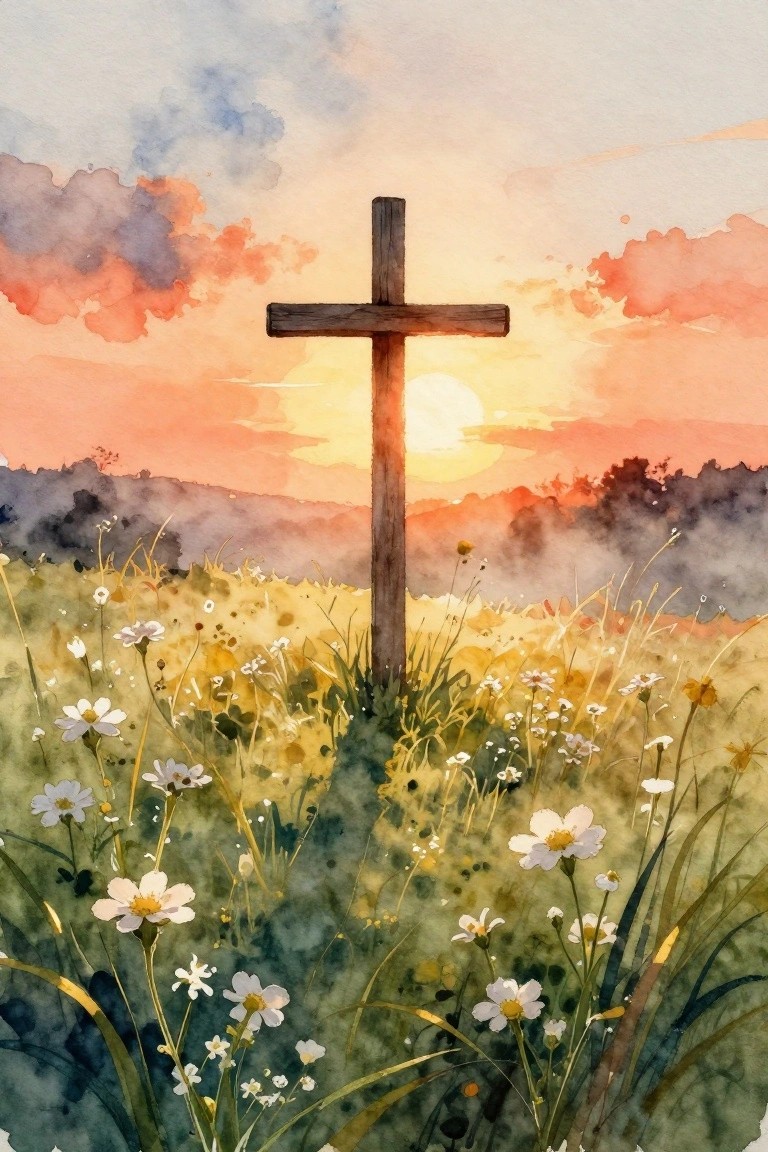 Wooden cross amid wildflowers in a vibrant watercolor sunset meadow
