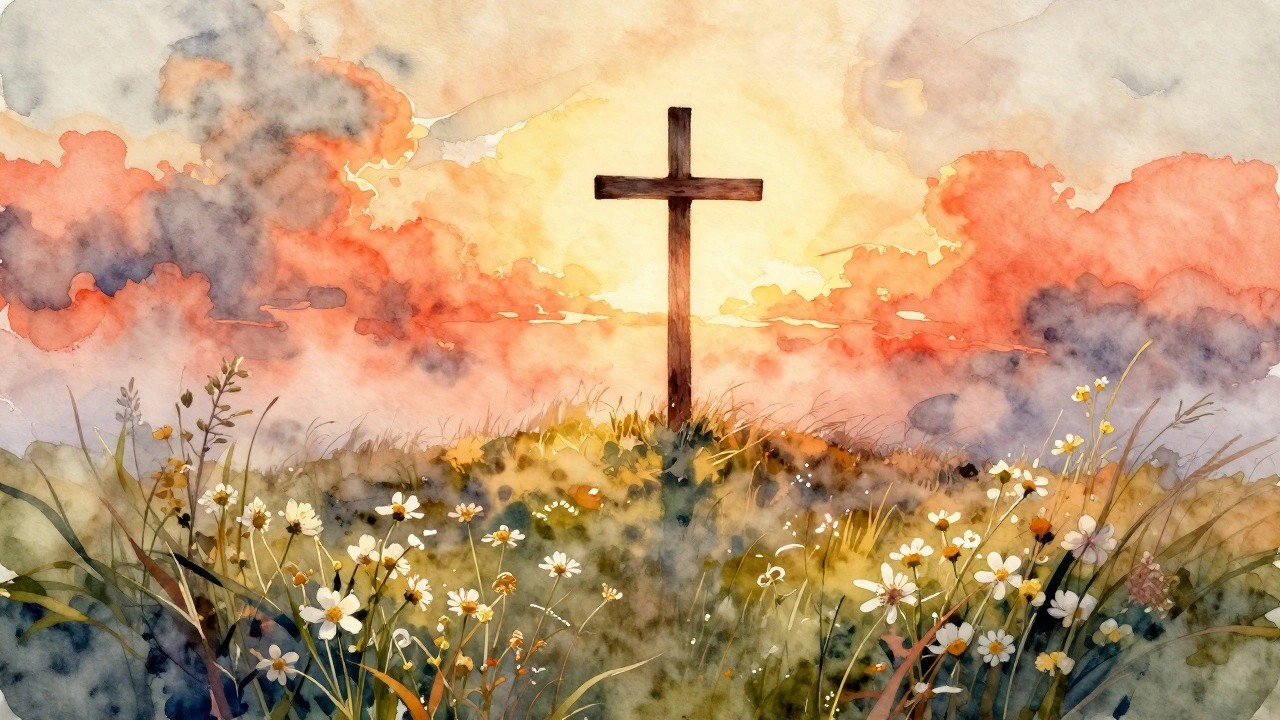 Wooden cross amid wildflowers in a vibrant watercolor sunset meadow