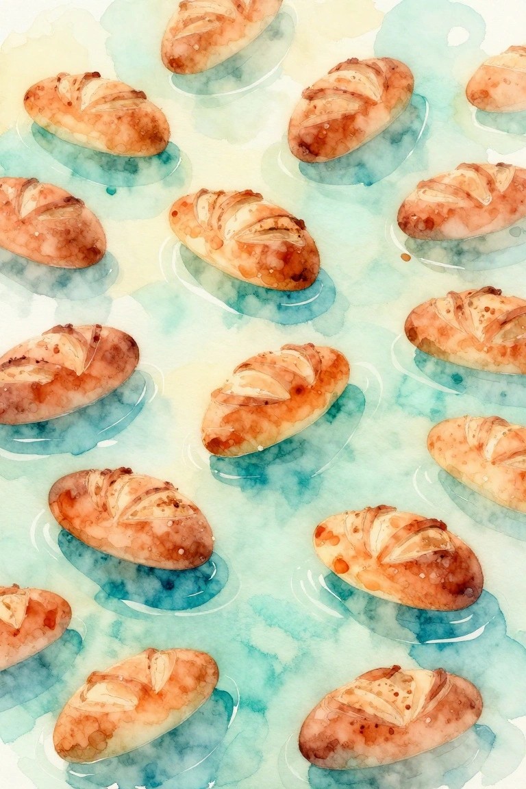Golden brown bread loaves scattered on swirling blue-green watercolor background.
