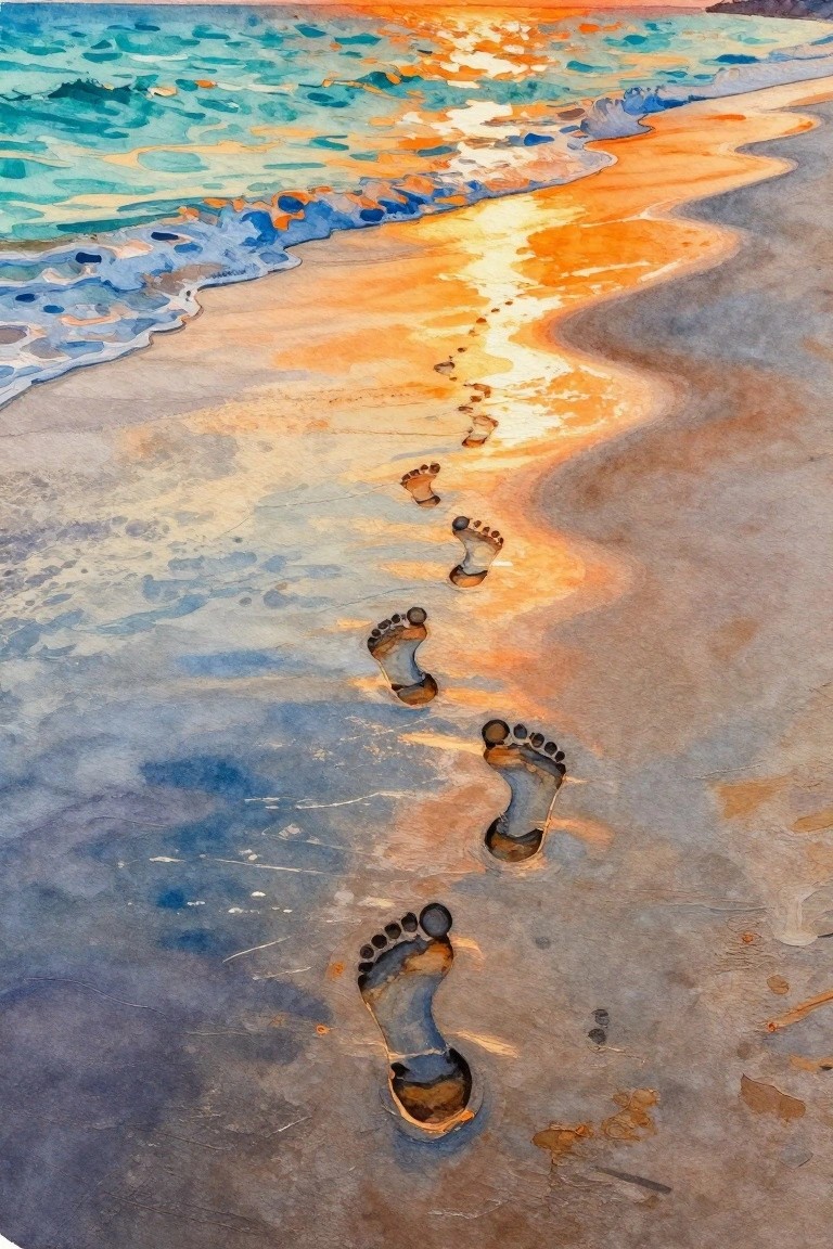Watercolor beach with footprints trailing toward vibrant orange and blue sunset waves