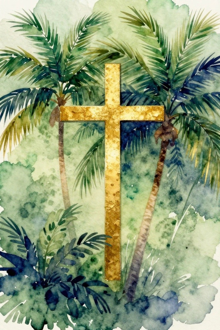 Golden cross amid lush palm trees in soft green-blue watercolor style