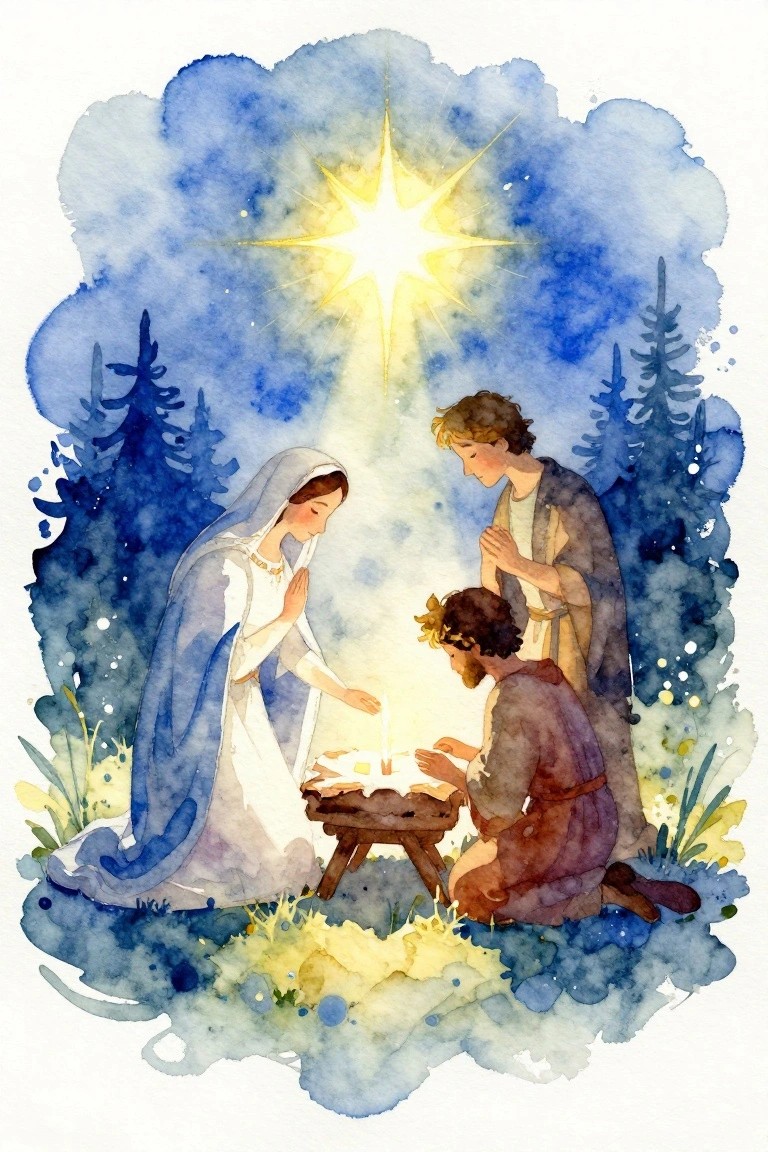Watercolor nativity with Mary in blue veil, Joseph, and baby Jesus under radiant star