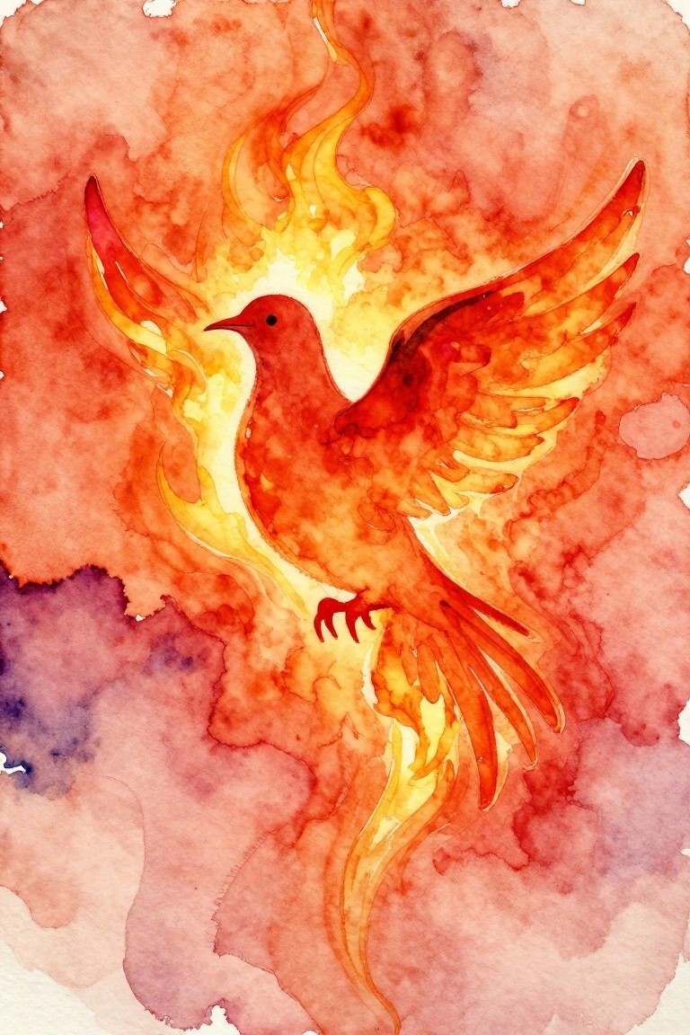 Watercolor phoenix with fiery orange wings amid swirling red and yellow flames