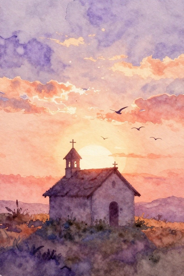 Watercolor of small stone chapel with bell tower against vibrant sunset sky and birds.