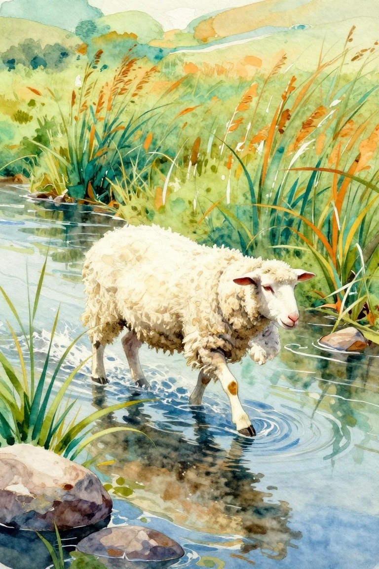 White sheep wading through stream amid green reeds and rocks in watercolor landscape