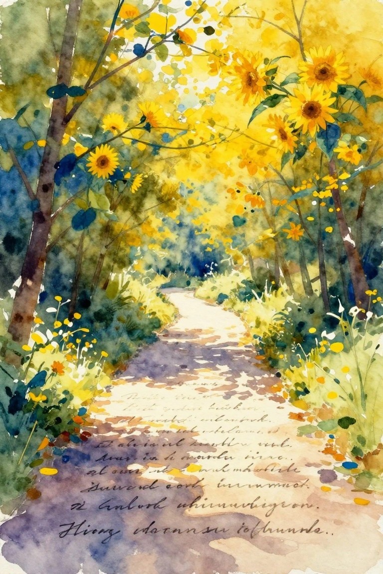 Watercolor forest path with sunflowers, trees, and cursive text overlay.