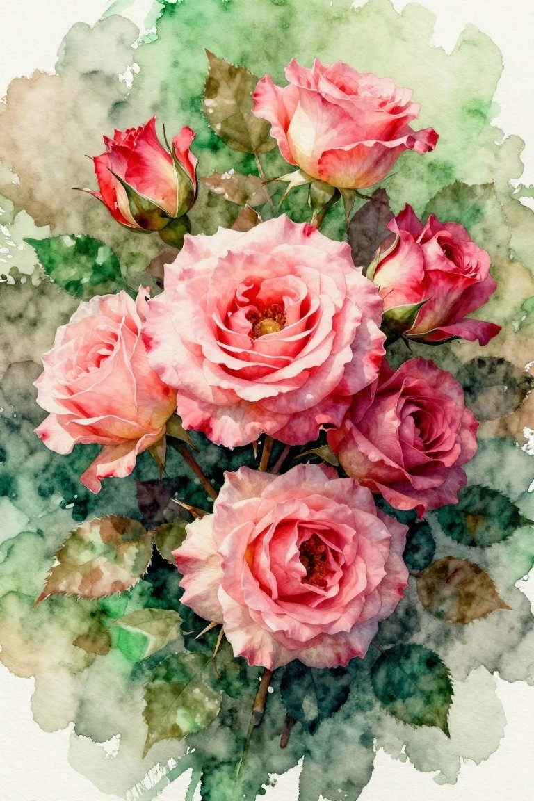 Watercolor painting of blooming pink roses with green and brown leaves on soft background