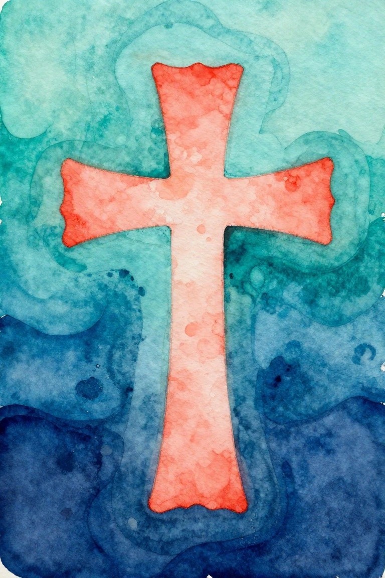 Watercolor red cross centered on swirling blue, teal, and green background