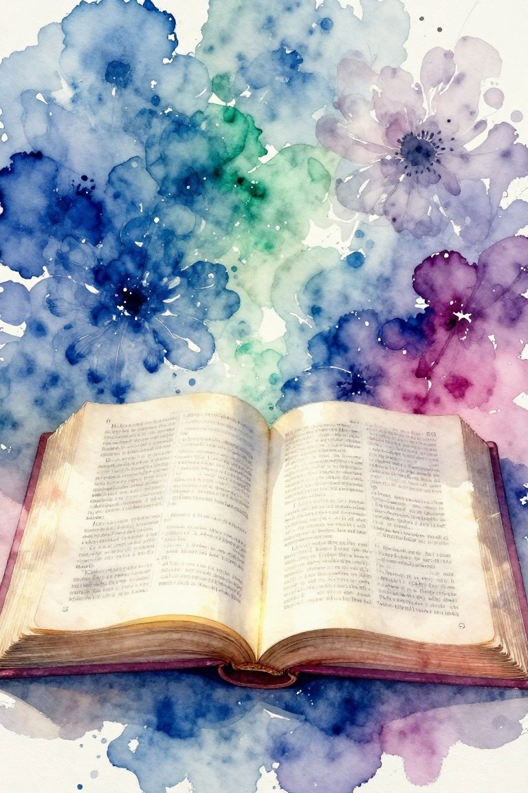 Open book with text on blue green purple watercolor floral splatter background