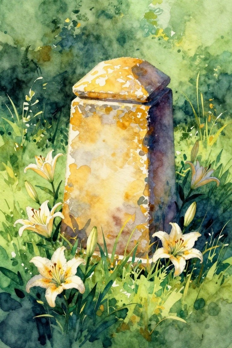 Weathered gravestone amid white lilies in lush green watercolor foliage