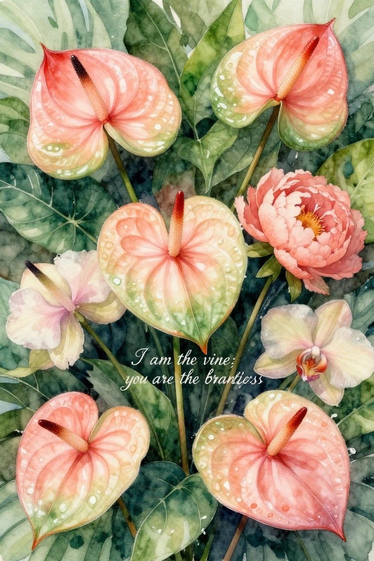 Watercolor of pink anthuriums, peony, and orchid amid green leaves with text overlay