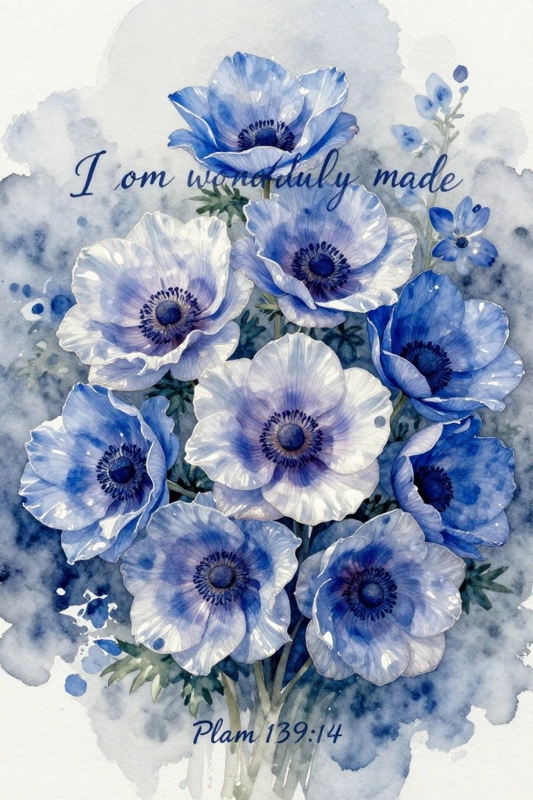 Blue watercolor anemones with 