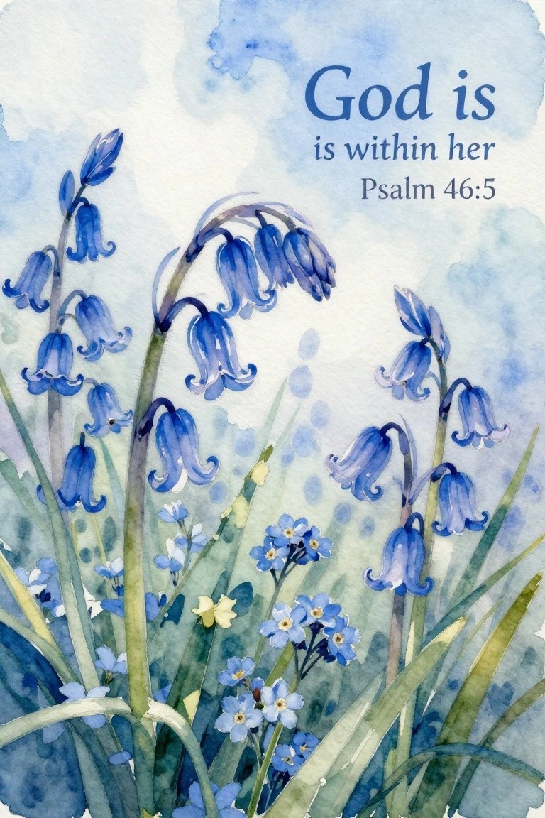 Watercolor bluebells and small blue flowers with 