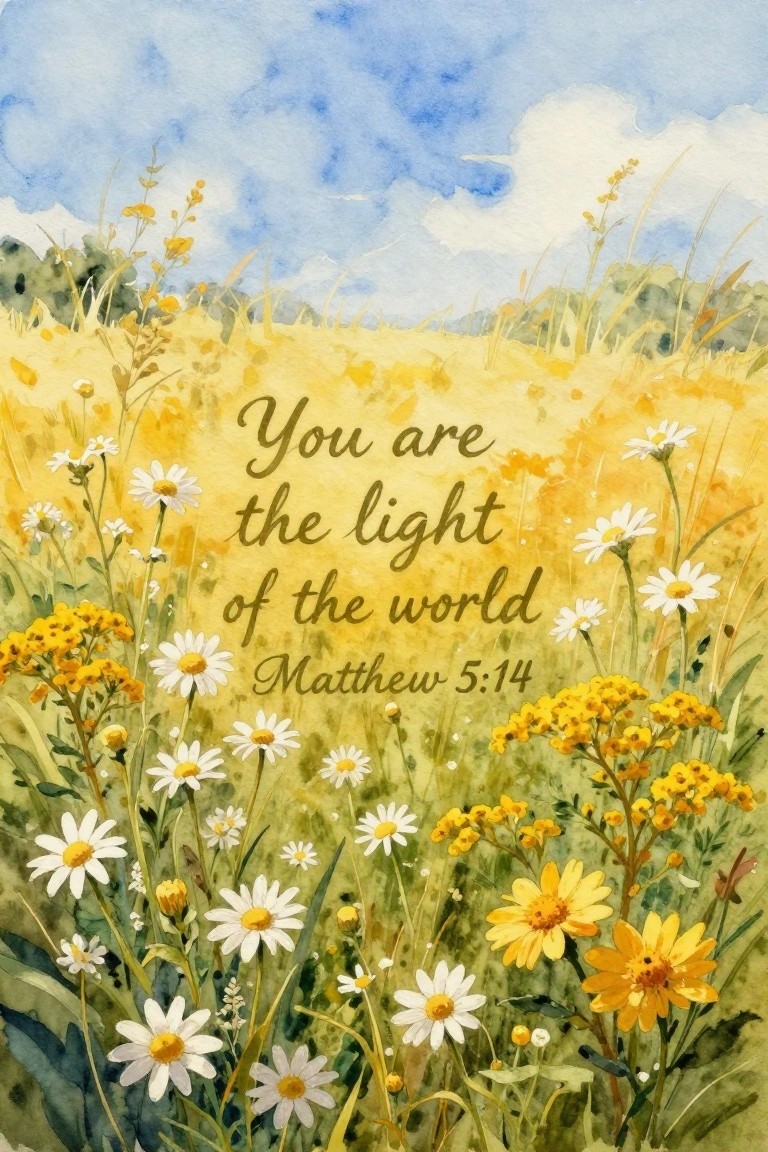 A watercolor painting of a sunny meadow with white daisies and yellow wildflowers, overlaid with the text 