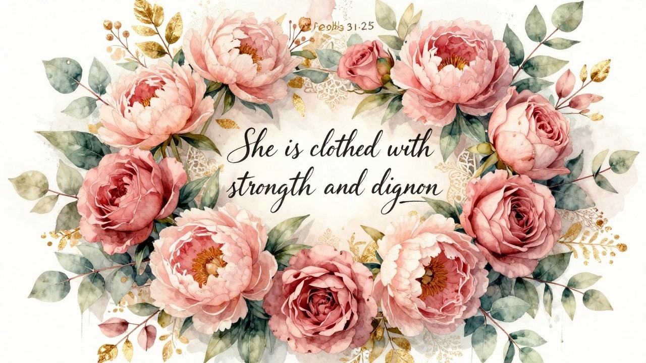 Pink peonies, roses, and gold foliage frame Proverbs 31:25 watercolor quote