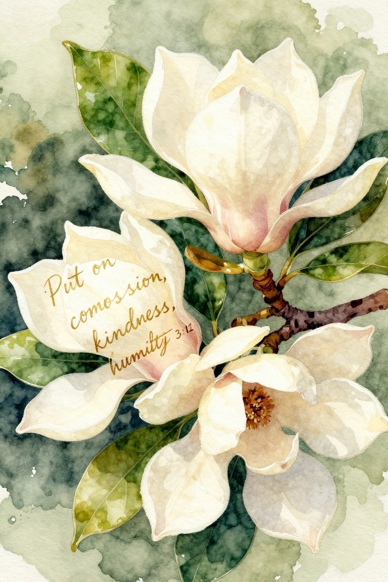 Watercolor magnolias in white and green with gold verse text on a petal.