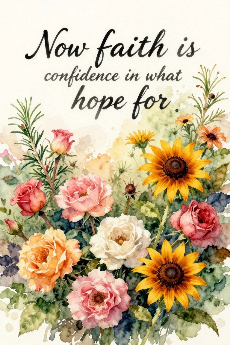 Watercolor bouquet of pink roses and yellow sunflowers with cursive faith quote