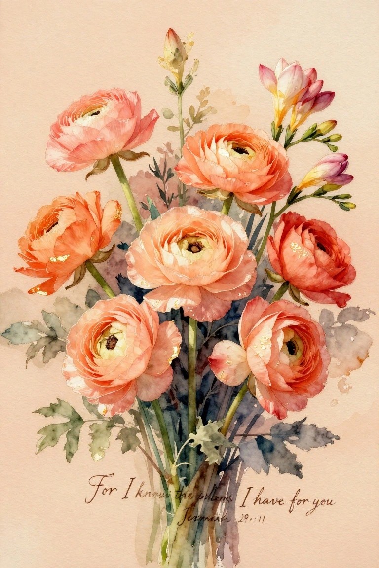 Watercolor bouquet of coral ranunculus and pink freesia blooms with Jeremiah verse