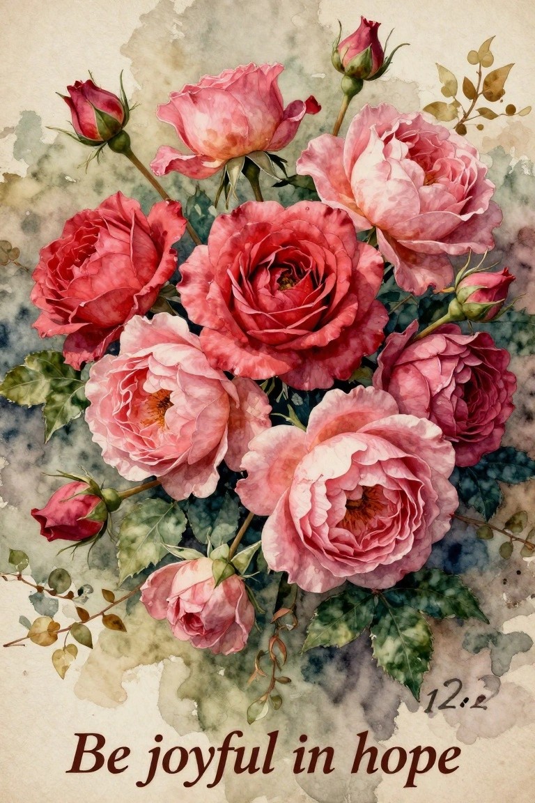 Watercolor painting of pink and red roses with buds and leaves on a textured background, with the text 