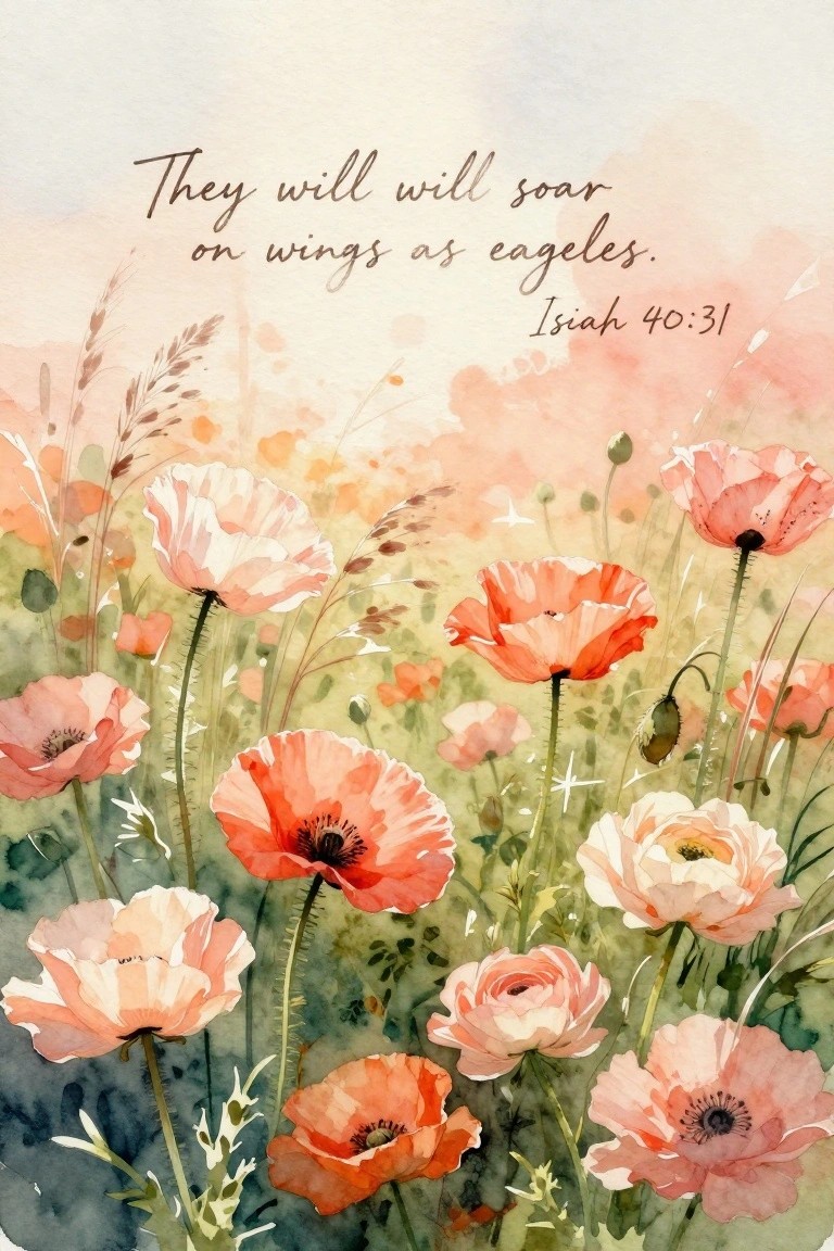 Watercolor meadow of pink and coral poppies with Isaiah 40:31 verse overhead