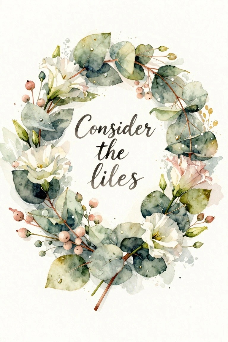Watercolor wreath of green leaves and white flowers with 