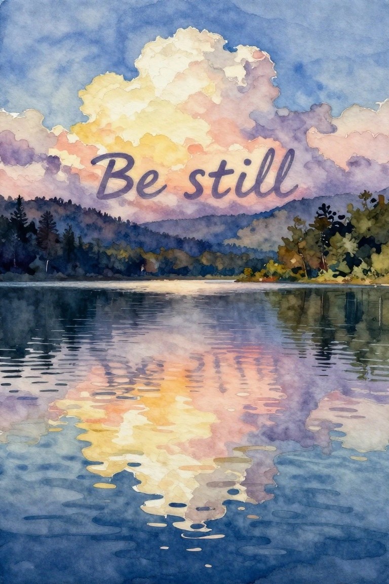 A watercolor painting of a lake reflecting a colorful cloudy sky and hills with the words 