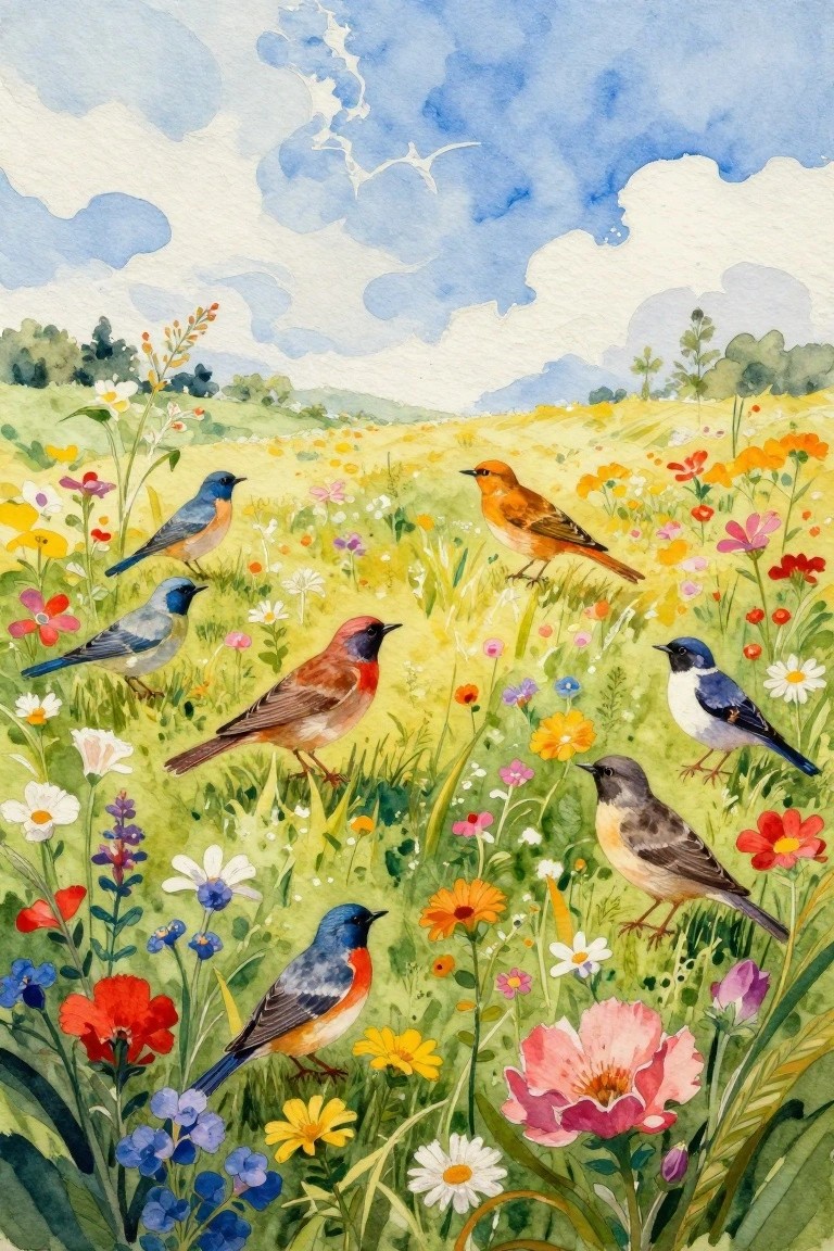 Watercolor painting of colorful birds among wildflowers in a sunny meadow.